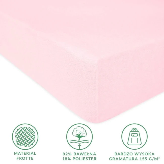 Prześcieradło frotte z gumką w kolorze róż kwarcowy, w wymiarze 140x200 cm. Zbliżenie na bok produktu, ukazujące miękką fakturę oraz gumkę. Widoczne informacje o składzie: 82% bawełna, 18% poliester, gramatura 155 g/m². Tło proste, jednolite.