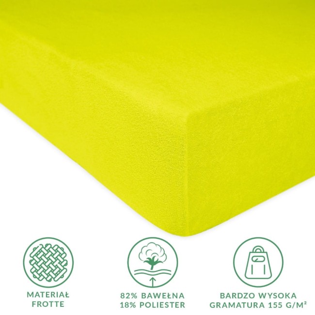Prześcieradło frotte z gumką 160x200 w kolorze limonkowym, z bliska, na gładkim tle. Materiał złożony w proporcjach 82% bawełny i 18% poliestru, o wysokiej gramaturze 155 g/m², charakteryzuje się teksturą miłą w dotyku oraz elastyczną gumką trzymającą.