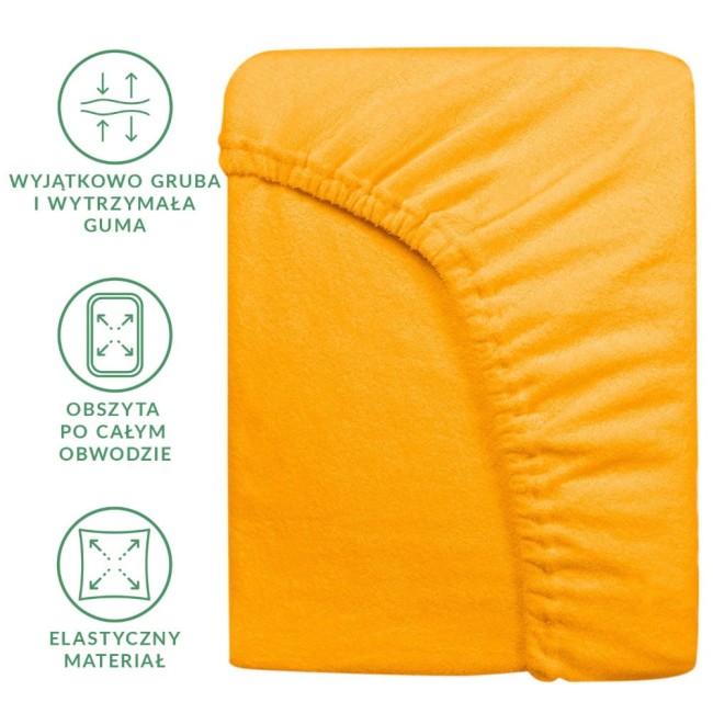 Prześcieradło frotte z gumką 160x200 w kolorze żółtym, leżące na płaskiej powierzchni, z wyraźnie widoczną gumką na obwodzie. Materiał ma miękką, teksturowaną powierzchnię.