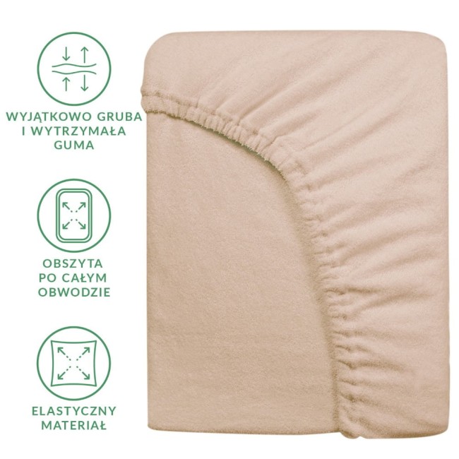 Prześcieradło frotte 180x200 w kolorze beżowym, prezentowane leżąco na jednolitym tle. Posiada elastyczną gumę obwodową, co zapewnia dobre dopasowanie. Materiał jest puszysty i przyjemny w dotyku, z lekko teksturowaną powierzchnią.