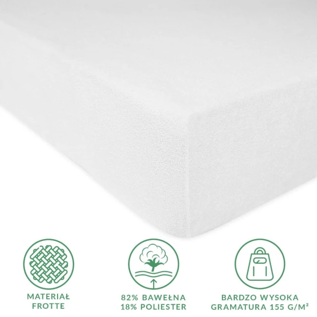 Prześcieradło frotte z gumką w kolorze białym, rozmiar 180x200 cm, widoczne z boku. Materiał strukturalny, z 82% bawełny i 18% poliestru, o wysokiej gramaturze 155 g/m². Brzeg wykończony gumką, idealne do stabilnego zakupu na materacu.