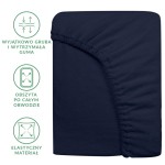 Prześcieradło frotte z gumką 180x200 w ciemnym granacie, leżące na prostym tle, z wyraźnie widoczną obszytą gumką po całym obwodzie. Produkt wykonany z elastycznego materiału, umożliwiającego idealne dopasowanie do materaca.