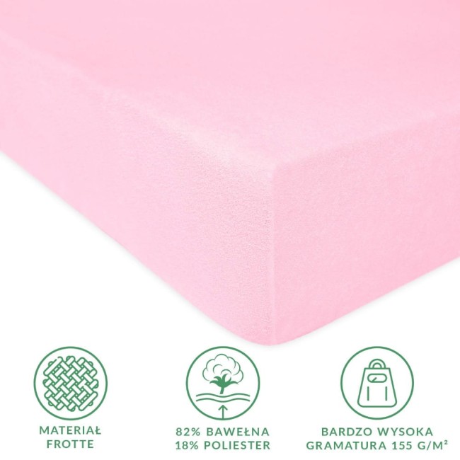 Prześcieradło frotte z gumką w kolorze jasnego różu, o wymiarach 180x200 cm. Widok z boku ukazuje gładką, teksturowaną powierzchnię materiału, z wyraźnym fleksem frotte.