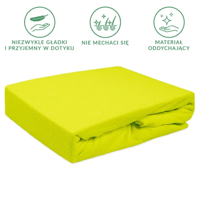 Frotte prześcieradło 180x200 w intensywnym kolorze limonka. Leżące, z wyraźną teksturą materiału, gładkie w dotyku, z gumką. Tło neutralne, bez dodatkowych elementów. Prześcieradło prezentuje się w formie składanej, łatwe do przechowywania.