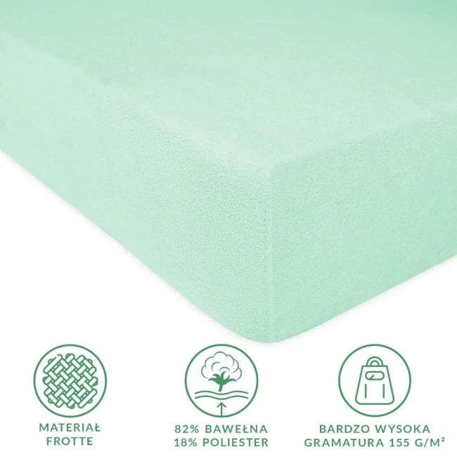 Prześcieradło frotte z gumką w kolorze błękitu morskiego, rozmiar 180x200 cm. Widoczne krawędzie i tekstura materiału, wykonane w 82% z bawełny i 18% z poliestru. Produkt leży na płaskiej powierzchni, w neutralnym tle.