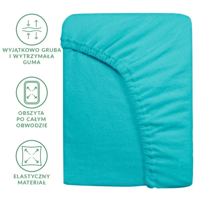 Prześcieradło frotte 180x200 w kolorze turkusowym, z gumką obwodową, leżące na płaskiej powierzchni. Wyróżnia się teksturą frotte oraz elastycznym materiałem, co zapewnia dopasowanie. Widoczne oznaczenia dotyczące trwałości gumy i elastyczności.