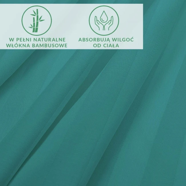 Turkusowe prześcieradło bambusowe o długości 240 cm i szerokości 160 cm, wykonane z naturalnych włókien bambusowych, z gładką, matową teksturą. Produkt leży na płasko, z widocznymi informacjami o właściwościach materiału dotyczącymi absorpcji wilgoci.