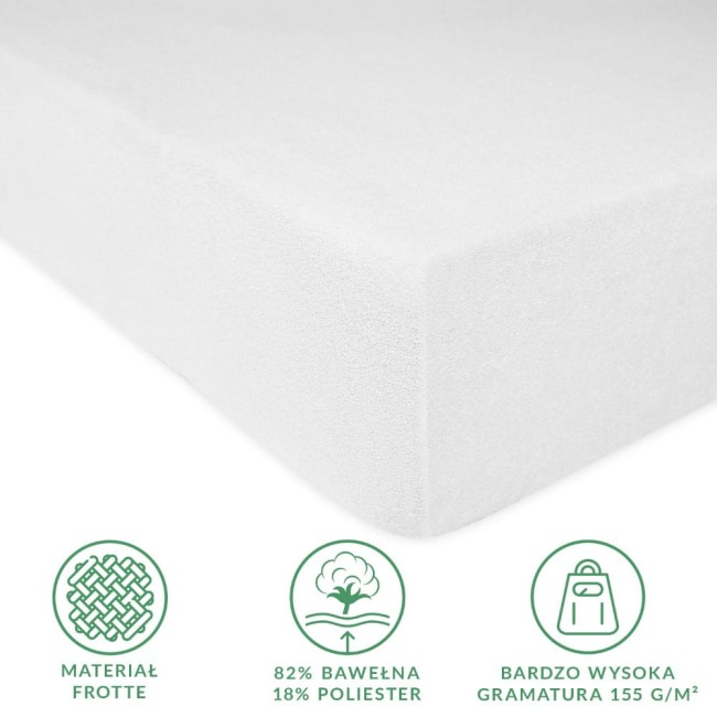 Prześcieradło frotte z gumką w białym kolorze, o wymiarach 200x220 cm. Ujęcie z boku, z widoczną teksturą materiału. Z bliska widać delikatny splot oraz gumkę, która zapewnia stabilność. Idealne do łóżka, na prostym tle.