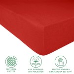 Prześcieradło frotte z gumką o wymiarach 200x220 cm w intensywnym czerwonym kolorze, leżące na białym tle. Materiał jest miękki, z teksturą frotte.