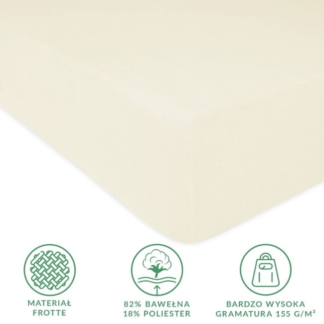 Prześcieradło frotte w kolorze ecru, o wymiarach 200x220 cm, wykonane z 82% bawełny i 18% poliestru. Widoczne jest w zbliżeniu, z wyraźną fakturą i elastyczną gumką. Tło neutralne. Logo oraz detale dotyczące materiałów i gramatury umieszczone obok.