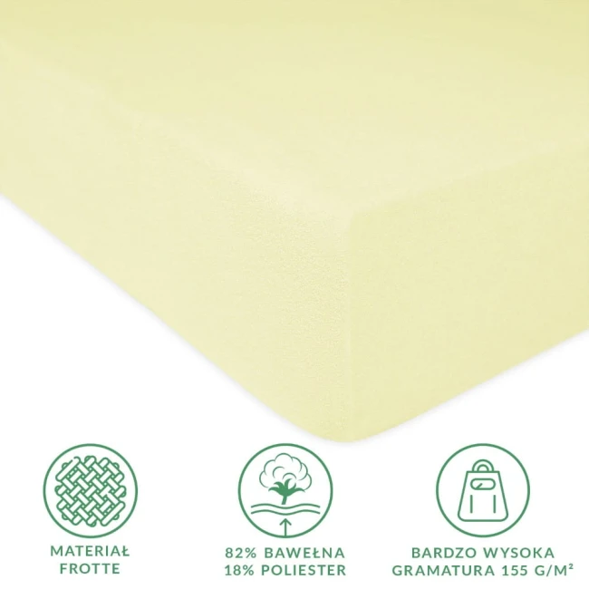 Prześcieradło frotte z gumką w kolorze kremowym, wymiary 200x220 cm. Wykonane z materiału o składzie 82% bawełna i 18% poliester, z wysoką gramaturą 155 g/m². Uchwycone z boku, pokazujące teksturę frotte.