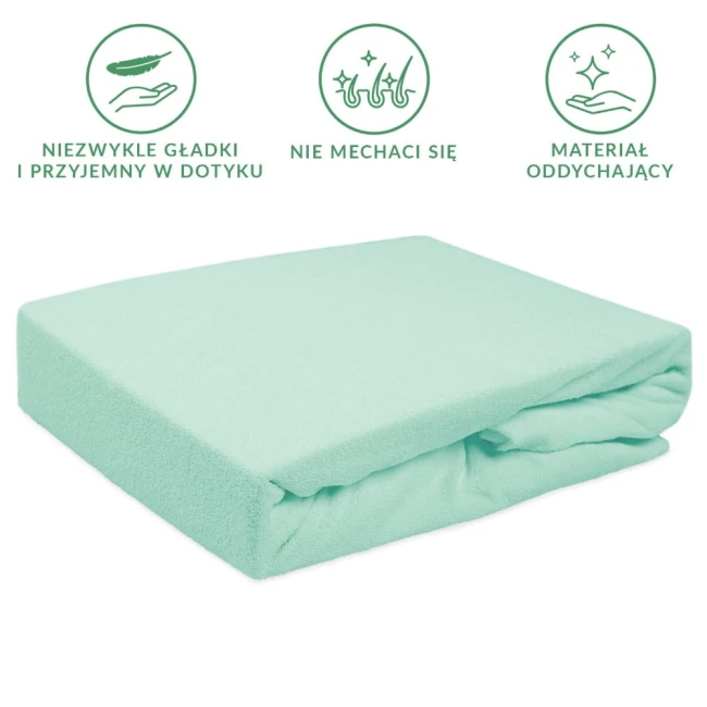 Prześcieradło frotte z gumką w kolorze morskim, rozmiar 200x220 cm. Złożone, prezentuje gładką, teksturowaną powierzchnię. Materiał oddychający, przyjemny w dotyku, nie mechaci się.