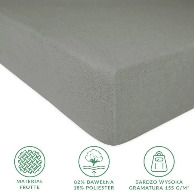 Prześcieradło frotte z gumką w kolorze szarym o wymiarach 200x220 cm. Materiał frotte, skład: 82% bawełna, 18% poliester, gramatura 155 g/m². Widoczny krawędź prześcieradła z gumką, na tle neutralnym.