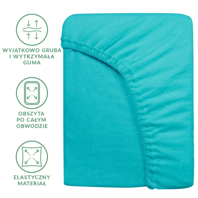 Prześcieradło frotte w kolorze turkusowym o wymiarach 200x220 cm, z gumką obszytą po całym obwodzie. Materiał elastyczny, wyjątkowo gruba i wytrzymała guma. Ułożone na płasko, z widocznymi detalami tekstury.