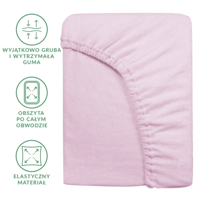 Prześcieradło frotte z gumką 200x220 w kolorze wrzosowym, leżące na białym tle. Widoczne elastyczne wykończenie oraz gruba guma obwodowa, zapewniająca stabilność. Materiał miękki w dotyku, dostępne detale wskazujące na wysoką jakość wykonania.