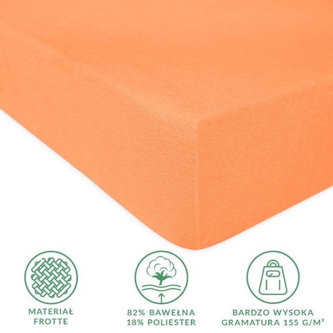 Prześcieradło frotte z gumką w kolorze łosoś, o wymiarach 200x220 cm. Wykonane z 82% bawełny i 18% poliestru, o gramaturze 155 g/m². Ukazane z boku, z wyraźną teksturą materiału.