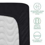 Prześcieradło satynowe z gumką 90x200 w kolorze czarnym, leżące na białym materacu. Widoczna gruba guma wokół brzegów zapewniająca stabilność.