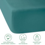 Prześcieradło satynowe z gumką w kolorze ciemnego turkusu, leżące na białym tle. Produkt wykonany z 100% bawełny, z wykończeniem satynowym. Widoczne detale to gumka zapewniająca stabilne trzymanie na materacu oraz informacje o składzie i gramaturze.