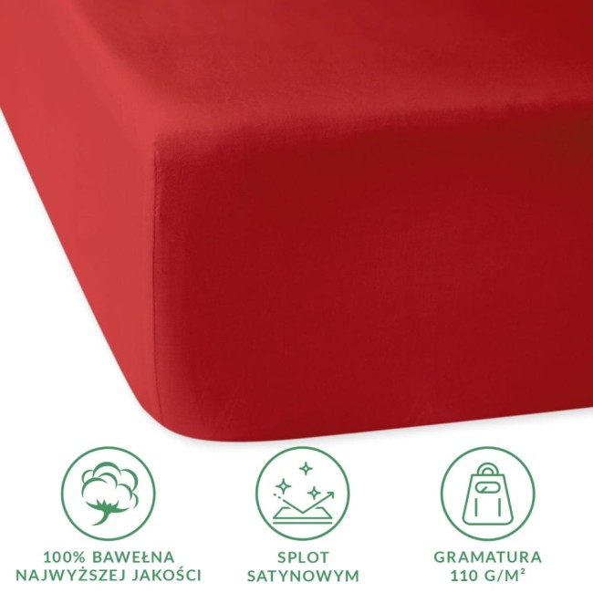 Prześcieradło satynowe 140x200 w kolorze czerwonym, wykonane z 100% bawełny o gramaturze 110 g/m². Złożone, z gumką zapewniającą stabilność, ukazane z bliska na jednolitym tle. Gładka faktura, brak widocznych zdobień lub napisów.