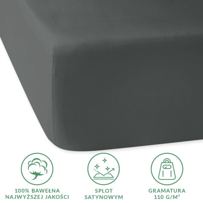 Szare prześcieradło satynowe z gumką o wymiarach 180x200 cm, wykonane z 100% bawełny, o gramaturze 110 g/m². Widoczne krawędzie i gładka faktura materiału, idealne do łóżka.