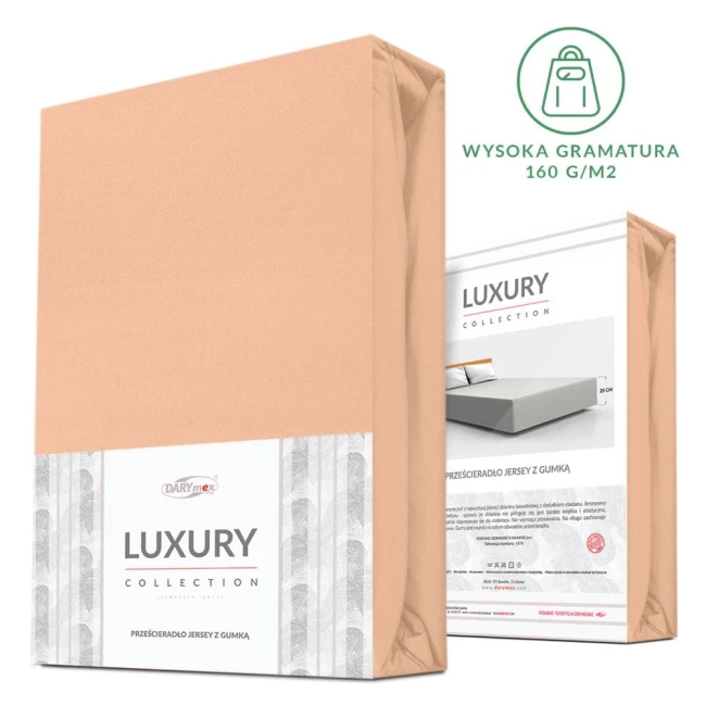 Prześcieradło jersey z elastanem w kolorze różowym, rozmiar 90x200, w opakowaniu o wysokiej gramaturze 160 g/m². Widoczne logo DARYmex oraz informacja o kolekcji Luxury. Produkt zapakowany w estetyczne, matowe opakowanie.