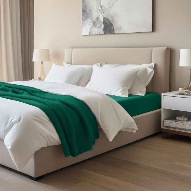 Prześcieradło jersey z elastanem w kolorze zielonym, o wymiarach 90x200 cm, rozłożone na łóżku. Widoczne białe poduszki i kołdra, w aranżacji sypialni z jasnymi ścianami i drewnianą podłogą, przy nocnej szafce z lampką.