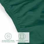 Zielone prześcieradło jersey z elastanem w rozmiarze 90x200, leżące na białym tle. Widoczna, mocna gumka obszyta po całym obwodzie, podkreślająca elastyczność. Zbliżenie na grubość materiału, który ma gładką fakturę. Brak widocznych napisów lub logo.