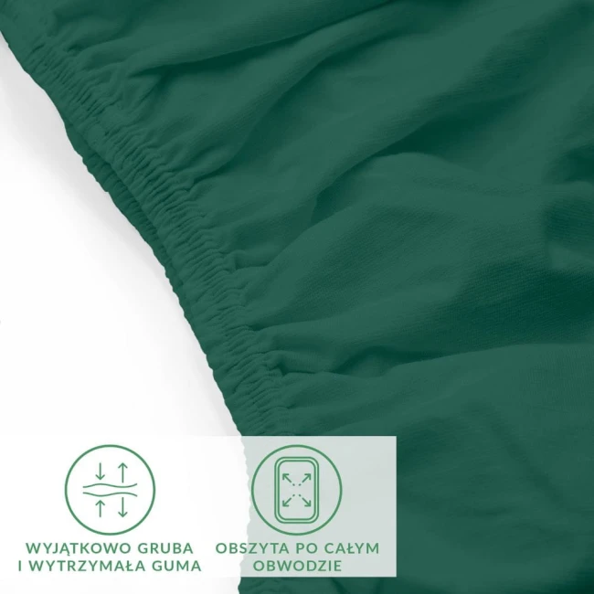Zielone prześcieradło jersey z elastanem w rozmiarze 90x200, leżące na białym tle. Widoczna, mocna gumka obszyta po całym obwodzie, podkreślająca elastyczność. Zbliżenie na grubość materiału, który ma gładką fakturę. Brak widocznych napisów lub logo.