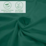 Prześcieradło jersey z elastanem 140x200 w kolorze zielonym, miękkie w dotyku, wykazuje się delikatnością dla skóry. Ujęcie z bliska, ukazujące fakturę materiału oraz symbole dotyczące komfortu użytkowania.