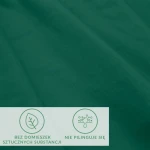 Prześcieradło jersey z elastanem w kolorze zielonym, w rozmiarze 140x200 cm. Materiał gładki, bez sztucznych domieszek, z gumką. Widoczne ikony informujące o braku pilingu. Tło jednolite, podkreślające fakturę tkaniny.