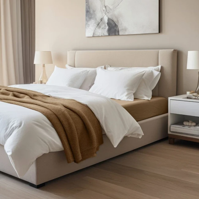 Prześcieradło jersey z elastanem 160x200 w kolorze brązowym, leżące na łóżku, z widoczną teksturą materiału. Na kołdrze śnieżnobiałe poszewki poduszek oraz brązowy, strukturalny koc. Proste, jasne tło w nowoczesnej sypialni.