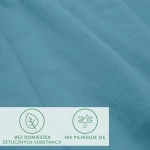 Prześcieradło jersey z elastanem w kolorze błękitnym, rozłożone na płasko. Materiał o gładkiej fakturze, z widoczną gumką wokół krawędzi. Na dolnej części zdjęcia umieszczone ikonki informujące o braku sztucznych substancji i odporności na piling.