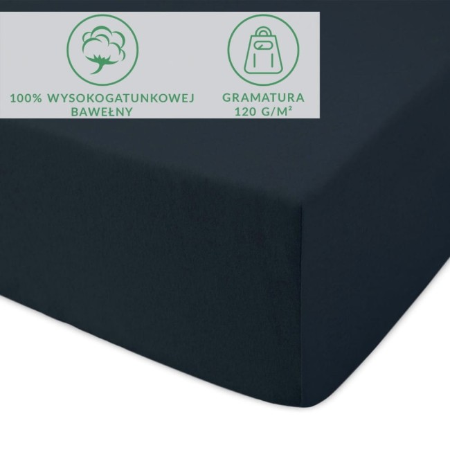 Prześcieradło jersey z gumką w ciemnym granacie, wykonane z 100% wysokogatunkowej bawełny o gramaturze 120 g/m². Produkt leżący na płaskiej powierzchni, z wyraźnym zagięciem. Na tkaninie umieszczono widoczne ikony informacyjne.