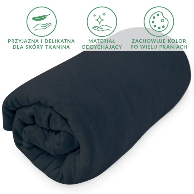 Prześcieradło jersey z gumką w rozmiarze 160x200, w ciemnym granacie, zwinięte. Wykonane z oddychającego materiału, przyjaznego dla skóry, z widocznymi napisami o właściwościach tkaniny. Zbliżenie ukazuje jego gładką fakturę.