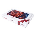 Opakowanie pościeli satynowej w rozmiarze 160x200, zdobione kolorowym wzorem w liście na ciemnym tle. Widoczna czerwona wstążka z kokardą na białym kartonie. Logo LUXURY oraz DARYmex z wyraźnymi napisami na bokach.