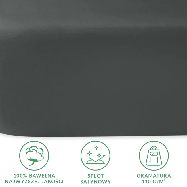 Prześcieradło satynowe bez gumki w kolorze szarym, wykonane z 100% bawełny, o gramaturze 110 g/m². Ujęcie z góry, prezentujące delikatną, gładką fakturę materiału.