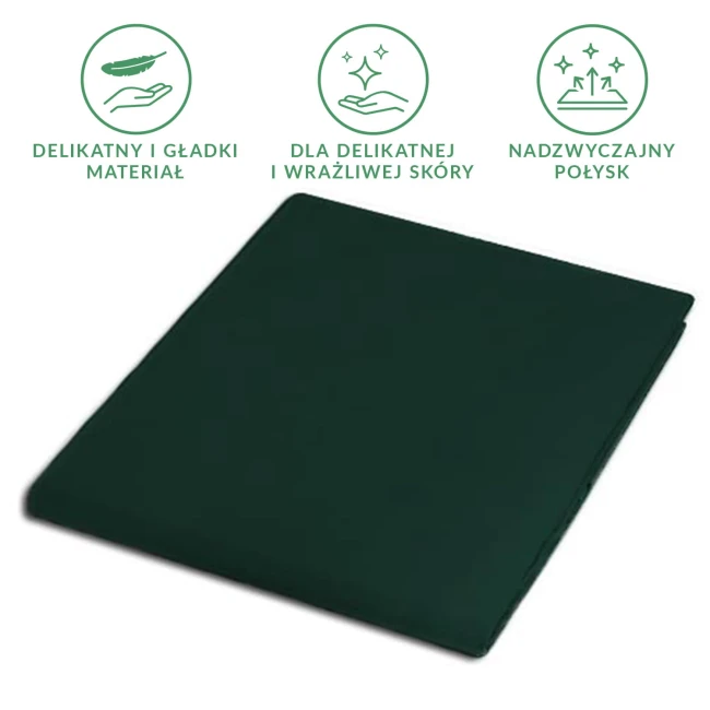Prześcieradło satynowe w kolorze butelkowej zieleni, rozmiar 200x220 cm, leżące na płasko, wykonane z gładkiego materiału. Widoczne detale to jednolita faktura bez wzorów, bez dodatkowych subtelności jak guziki czy zamki. Tło jednolite.