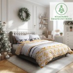 Pościel flanelowa 160x200 w kolorze świątecznym, z dekoracyjnym wzorem w odcieniach bieli, pomarańczu i czerni, leży na łóżku w jasnym, eleganckim wnętrzu. Widoczna poduszka z pasywnym wzorem.
