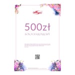 Karta podarunkowa o wartości 500 zł na białym tle, z różowymi i fioletowymi dekoracjami kwiatowymi w dolnych rogach. Widoczne napisy „500 zł” oraz „BON PODARUNKOWY” w eleganckiej czcionce. U góry znajduje się logo DARYmex.