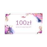 Karta podarunkowa o wartości 100 zł, z widocznym napisem 100 zł oraz BON PODARUNKOWY. Dekorowana kwiatowym wzorem w odcieniach różu i niebieskiego. Położona płasko na białym tle, bez dodatkowych elementów otoczenia.