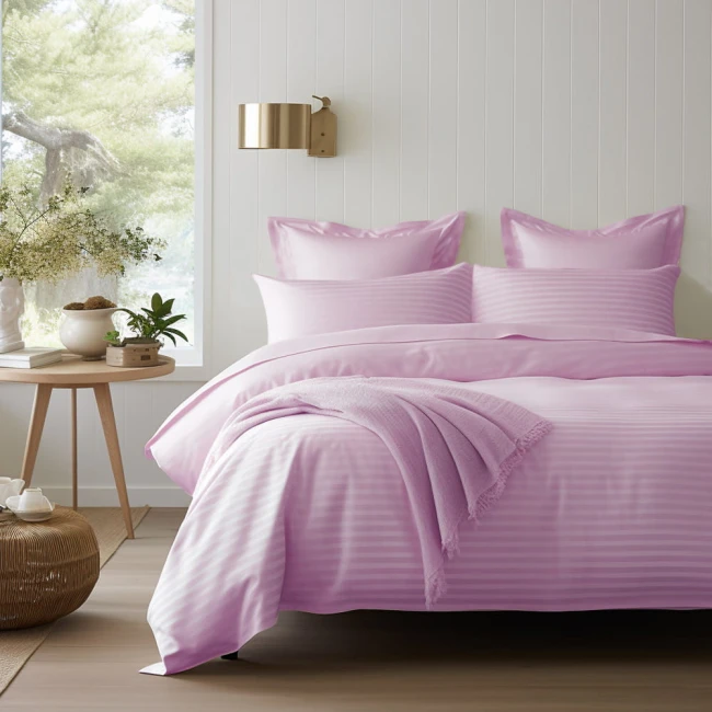  Elegancka stylowa ekskluzywna różowa pościel satynowa 180x200 cm w delikatne pasy 