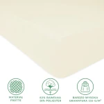 Prześcieradło frotte z gumką w kolorze ecru, rozmiar 60x120, widoczne z boku, ukazujące miękką, teksturowaną powierzchnię. W lewym dolnym rogu ikony informacyjne: skład 82% bawełny, 18% poliestru oraz gramatura 155 g/m².