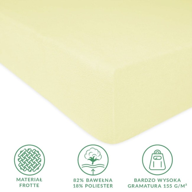 Prześcieradło frotte z gumką w kolorze kremowym o rozmiarze 60x120 cm, wykonane z materiału 82% bawełna i 18% poliester. Widoczne narożniki z gumkami do mocowania, matowa tekstura tkaniny. Elementy graficzne na dole dotyczą materiału i gramatury.