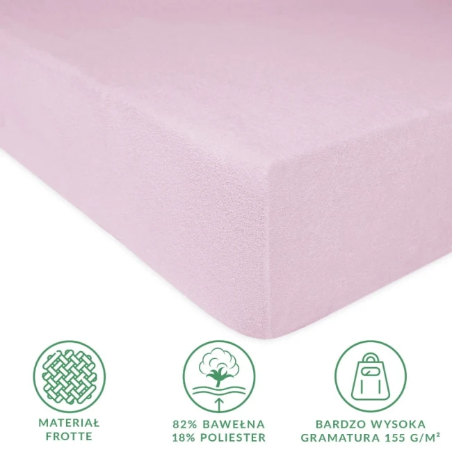 Prześcieradło frotte z gumką w kolorze wrzosowym o wymiarach 40x90 cm, leżące na gładkiej powierzchni. Materiał o wysokiej gramaturze 155 g/m², z widoczną, miękką fakturą. Brak napisów lub logo.