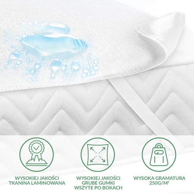 Ochraniacz na materac w rozmiarze 200x220 cm w kolorze białym, wykonany z materiału laminowanego. Widoczna faktura materiału z delikatnym wzorem w romby. Ochrona przed wilgocią, z grubymi gumkami wszytymi po bokach dla stabilizacji.