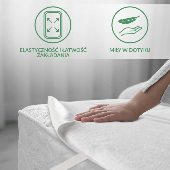 Ochraniacz na materac 200x220 w kolorze białym, położony na materacu, z widoczną dłonią dotykającą, co podkreśla jego miękkość. W tle jasne tło, z ikonami informującymi o elastyczności i łatwości zakładania.