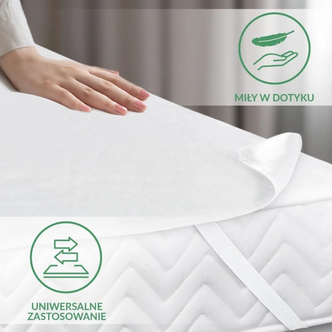 Ochraniacz na materac 80x200 Jason w kolorze białym, leżący na materacu. Na zdjęciu widoczna jest ręka dotykająca tkaniny, podkreślająca jej delikatność. Produkt ma gładką powierzchnię i elastyczne boki do łatwego mocowania.