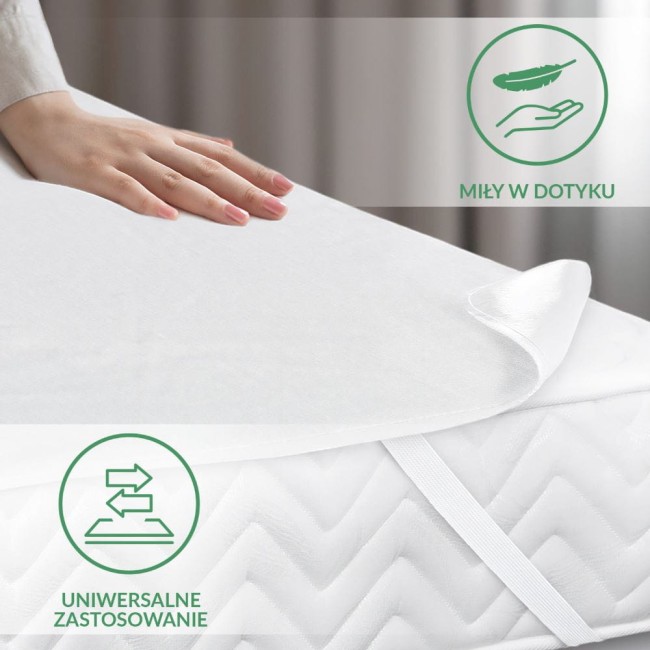 Ochraniacz na materac 180x200 w kolorze białym, leżący na materacu. Zbliżenie na gładką, teksturowaną powierzchnię. Widoczna dłoń dotykająca materiału, który sprawia wrażenie miękkiego w dotyku. Elementy mocujące na bokach. Tło w odcieniu szaro-białym.