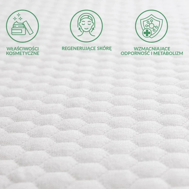 Ochraniacz na materac 110x200 w kolorze białym, pikowany, z widoczną teksturą w drobne sześciokąty. Produkt leży na gładkiej, jasnej powierzchni, w tle niewidoczne. Na tkaninie znajdują się trzy symbole dotyczące właściwości kosmetycznych.