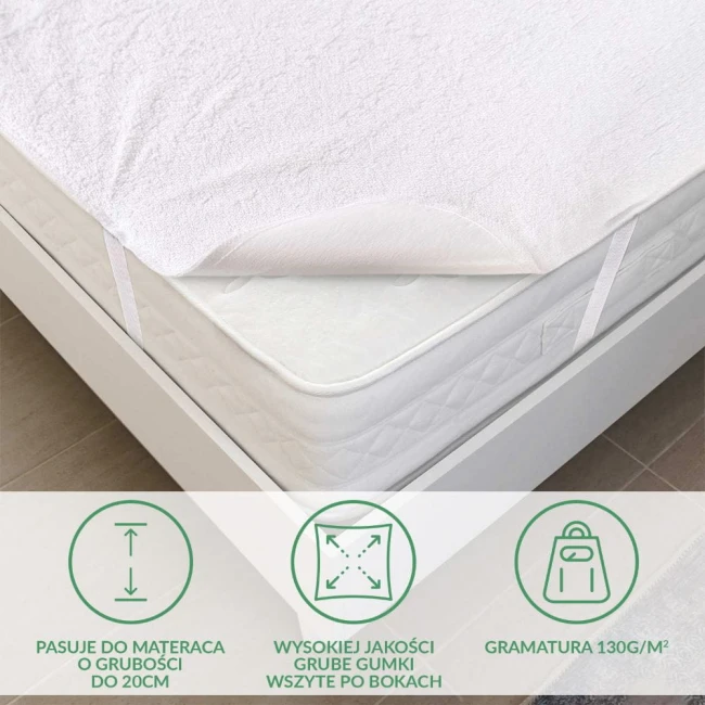 Ochraniacz na materac w kolorze białym, o wymiarach 60x120 cm. Widoczny na materacu, z grubymi gumkami wszytymi po bokach, pasujący do materaca o grubości do 20 cm. Gramatura 130 g/m². Tło jasne, minimalistyczne.